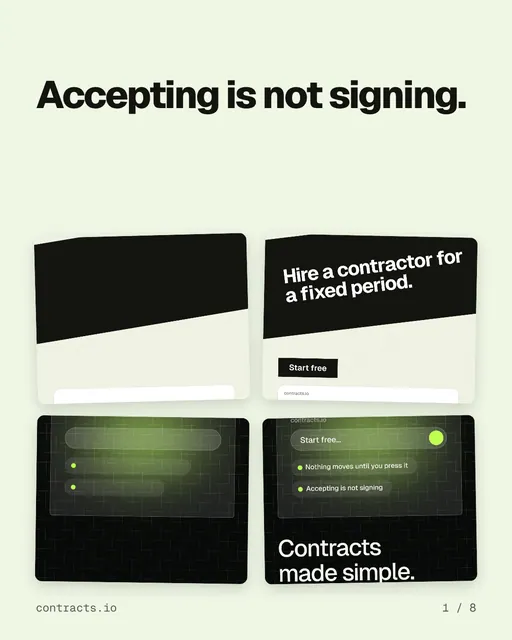 Carousel for contracts.io: "Accepting is not signing.". Collection carousel, 8 slides, light palette.