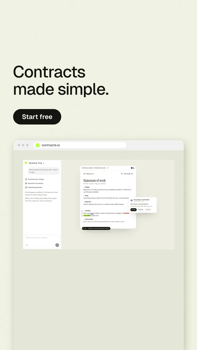 Instagram story for contracts.io: "Contracts made simple." Data card style, browser layout, light palette in yellow, green, white.