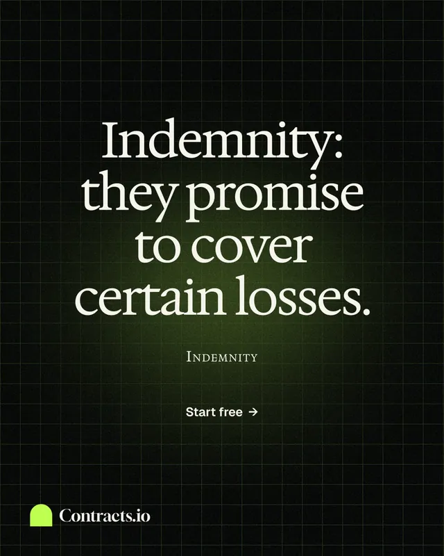 Instagram portrait post for contracts.io: "Indemnity: they promise to cover certain losses." Phosphor atlas style, smallcaps layout, dark palette in black, grey.