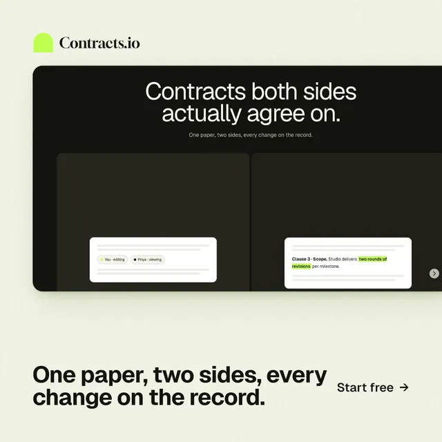 Instagram post for contracts.io: "One paper, two sides, every change on the record." Swiss style, image led layout, light palette in white, black, green.
