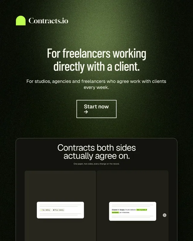 Instagram portrait post for contracts.io: "For freelancers working directly with a client." Dark deco style, centred layout, dark palette in black, green, grey.