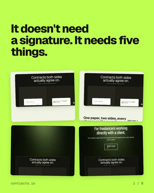 Carousel for contracts.io: "It doesn't need a signature. It needs five things.". Collection carousel, 8 slides, light palette.