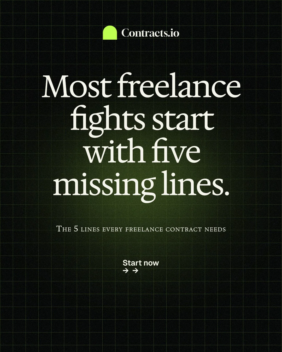 Instagram portrait post for contracts.io: "Most freelance fights start with five missing lines." Phosphor atlas style, smallcaps layout, dark palette in black, grey.