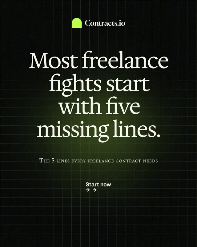 Instagram portrait post for contracts.io: "Most freelance fights start with five missing lines." Phosphor atlas style, smallcaps layout, dark palette in black, grey.