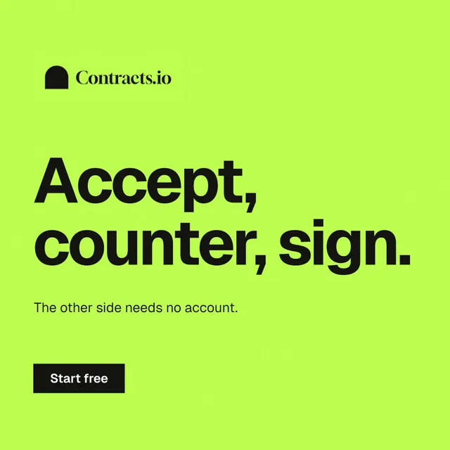 Instagram post for contracts.io: "Accept, counter, sign." Swiss style, announce layout, light palette in green.