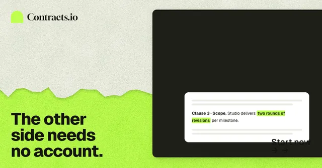 Social ad for contracts.io: "The other side needs no account." Paper trio style, image led layout, light palette in yellow, black, green.