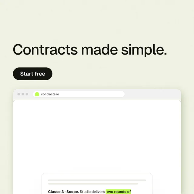 Instagram post for contracts.io: "Contracts made simple." Data card style, browser layout, light palette in white.