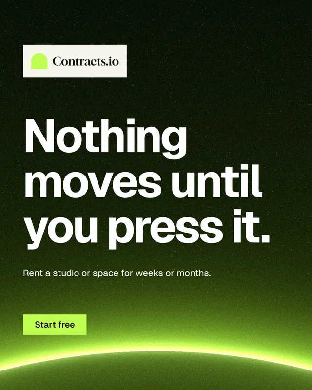 Instagram portrait post for contracts.io: "Nothing moves until you press it." Swiss style, announce layout, dark palette in green, black.
