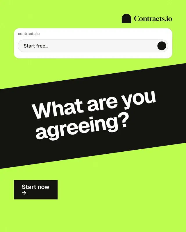 Instagram portrait post for contracts.io: "What are you agreeing?" Swiss style, diagonal layout, light palette in green, black.