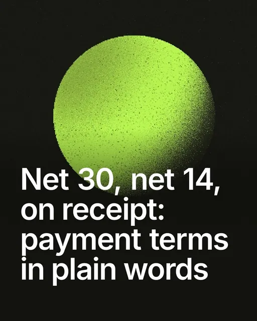 Video for contracts.io: "Net 30, net 14, on receipt: payment terms in plain words". Shader loop, 6.0 s, dark palette.