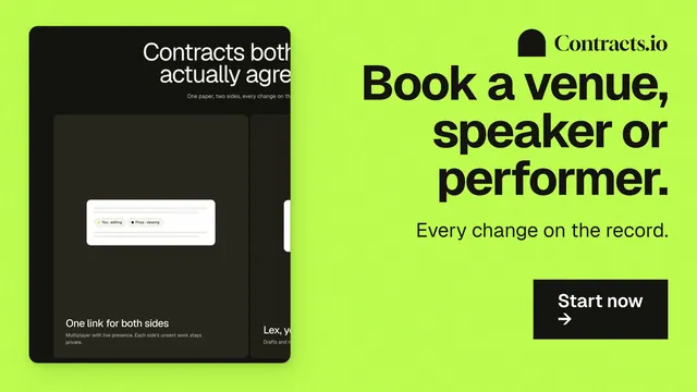 Landscape graphic for contracts.io: "Book a venue, speaker or performer." Swiss style, right layout, light palette in green, black.