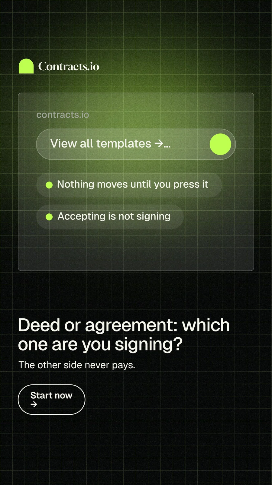 Instagram story for contracts.io: "Deed or agreement: which one are you signing?" Phosphor atlas style, bottom layout, dark palette in black, green.