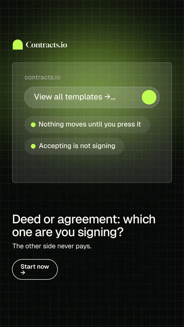 Instagram story for contracts.io: "Deed or agreement: which one are you signing?" Phosphor atlas style, bottom layout, dark palette in black, green.