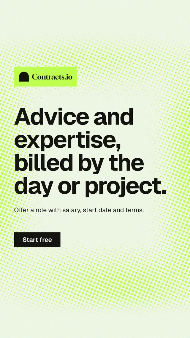 Instagram story for contracts.io: "Advice and expertise, billed by the day or project." Swiss style, announce layout, light palette in white, green, grey.