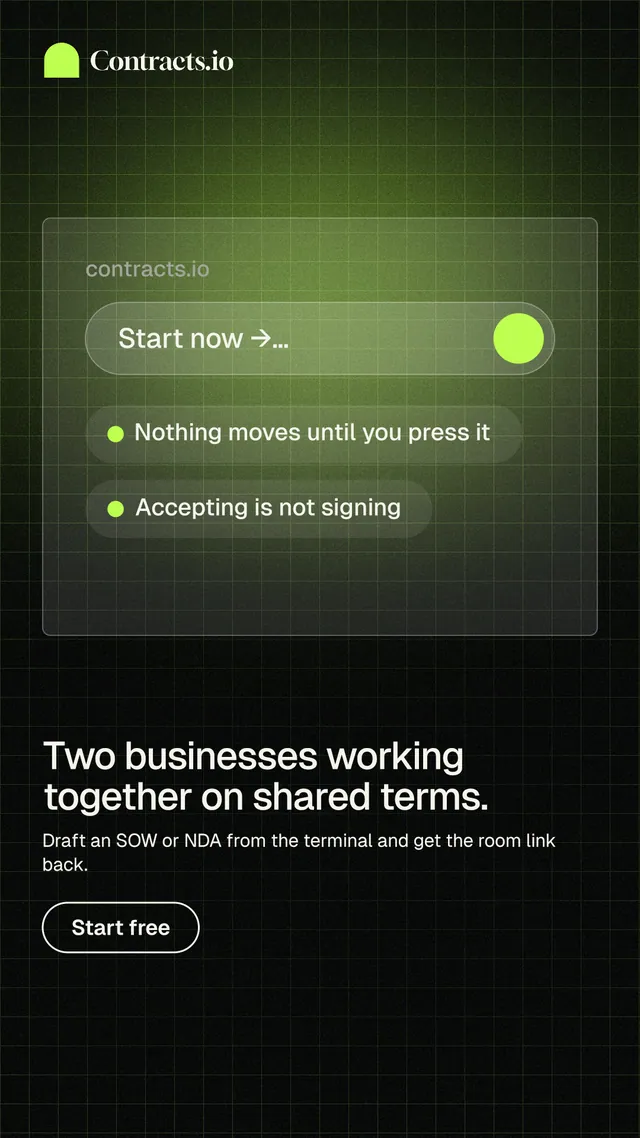 Instagram story for contracts.io: "Two businesses working together on shared terms." Phosphor atlas style, bottom layout, dark palette in green, black.