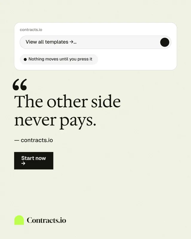 Instagram portrait post for contracts.io: "The other side never pays." Swiss style, quote layout, light palette in white.