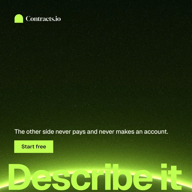Instagram post for contracts.io: "Describe it." Swiss style, oversized layout, dark palette in black, green.