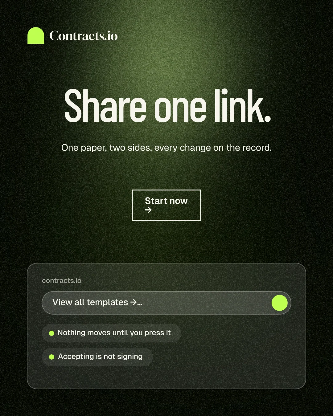 Instagram portrait post for contracts.io: "Share one link." Dark deco style, centred layout, dark palette in black, green, grey.