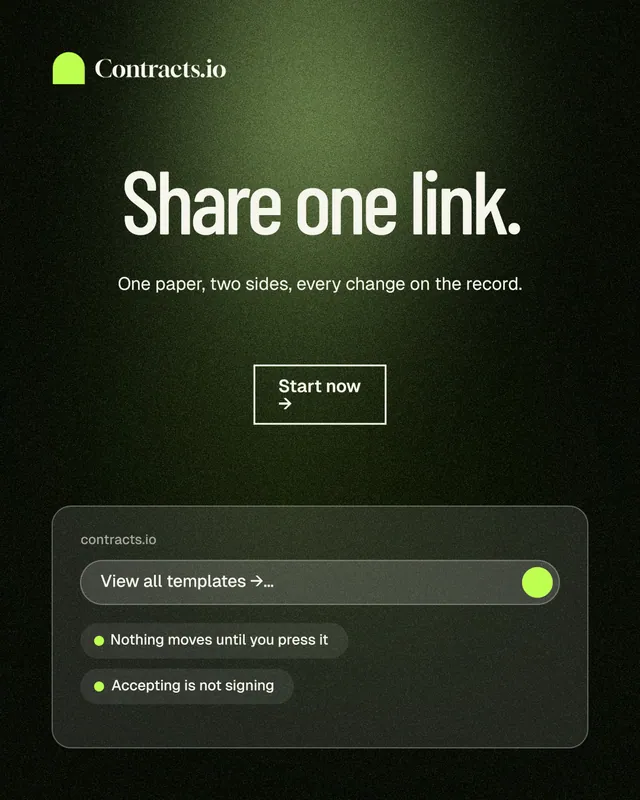 Instagram portrait post for contracts.io: "Share one link." Dark deco style, centred layout, dark palette in black, green, grey.