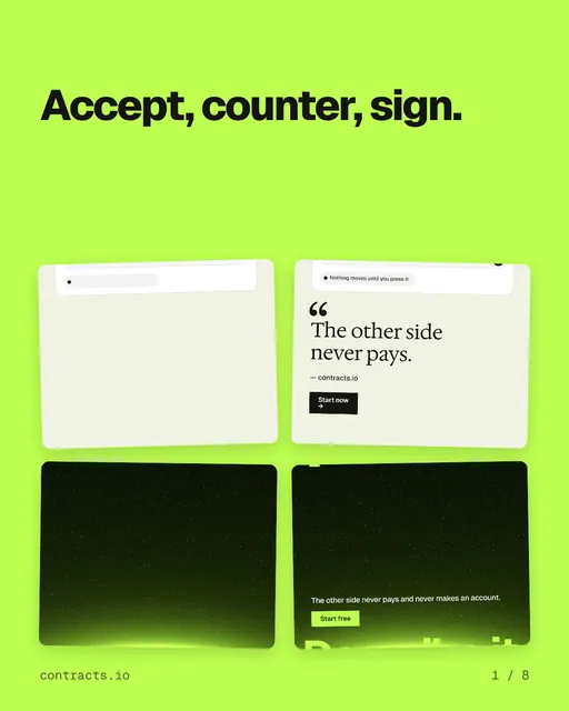 Carousel for contracts.io: "Accept, counter, sign.". Collection carousel, 8 slides, light palette.