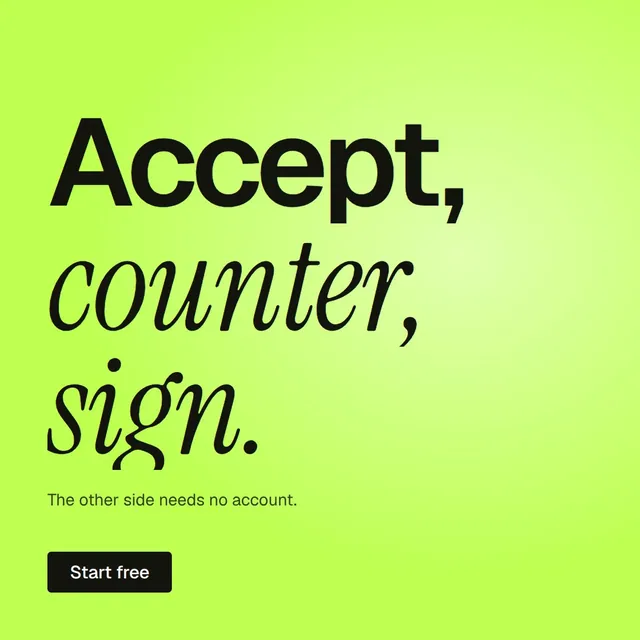 Video for contracts.io: "Accept, counter, sign.". Doc motion loop, 7.0 s, light palette.