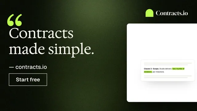 Landscape graphic for contracts.io: "Contracts made simple." Dark deco style, quote layout, dark palette in black, white, green.