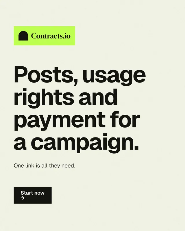 Instagram portrait post for contracts.io: "Posts, usage rights and payment for a campaign." Swiss style, announce layout, light palette in white, yellow, grey.