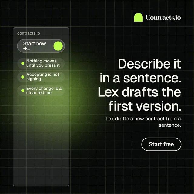 Instagram post for contracts.io: "Describe it in a sentence. Lex drafts the first version." Phosphor atlas style, right layout, dark palette in black, grey.
