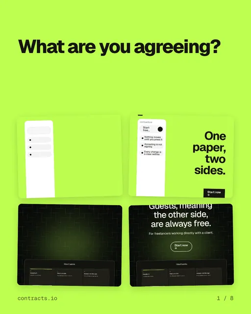 Carousel for contracts.io: "What are you agreeing?". Collection carousel, 8 slides, light palette.