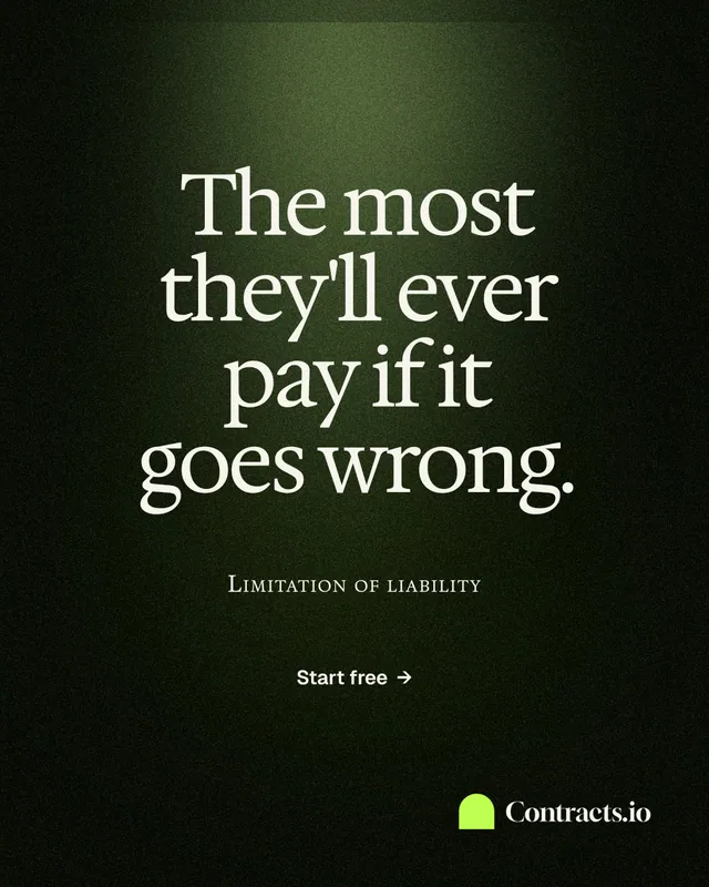 Instagram portrait post for contracts.io: "The most they'll ever pay if it goes wrong." Dark deco style, smallcaps layout, dark palette in black, grey.