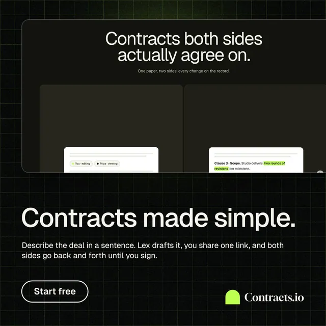 Instagram post for contracts.io: "Contracts made simple." Phosphor atlas style, bottom layout, dark palette in black, grey.