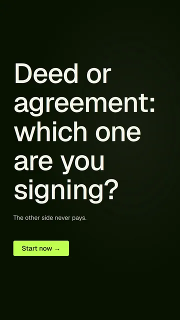 Video for contracts.io: "Deed or agreement: which one are you signing?". Doc motion loop, 8.0 s, dark palette.