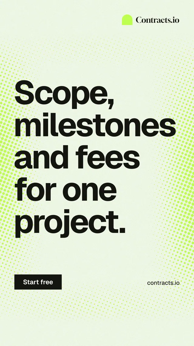 Instagram story for contracts.io: "Scope, milestones and fees for one project." Swiss style, poster layout, light palette in white, green, grey.