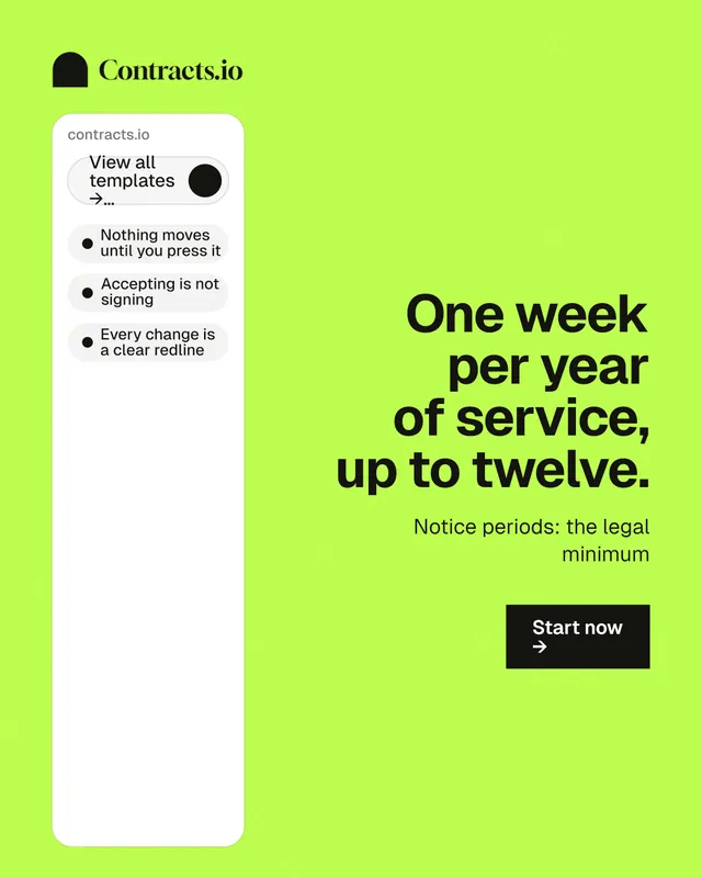 Instagram portrait post for contracts.io: "One week per year of service, up to twelve." Swiss style, right layout, light palette in green, white.