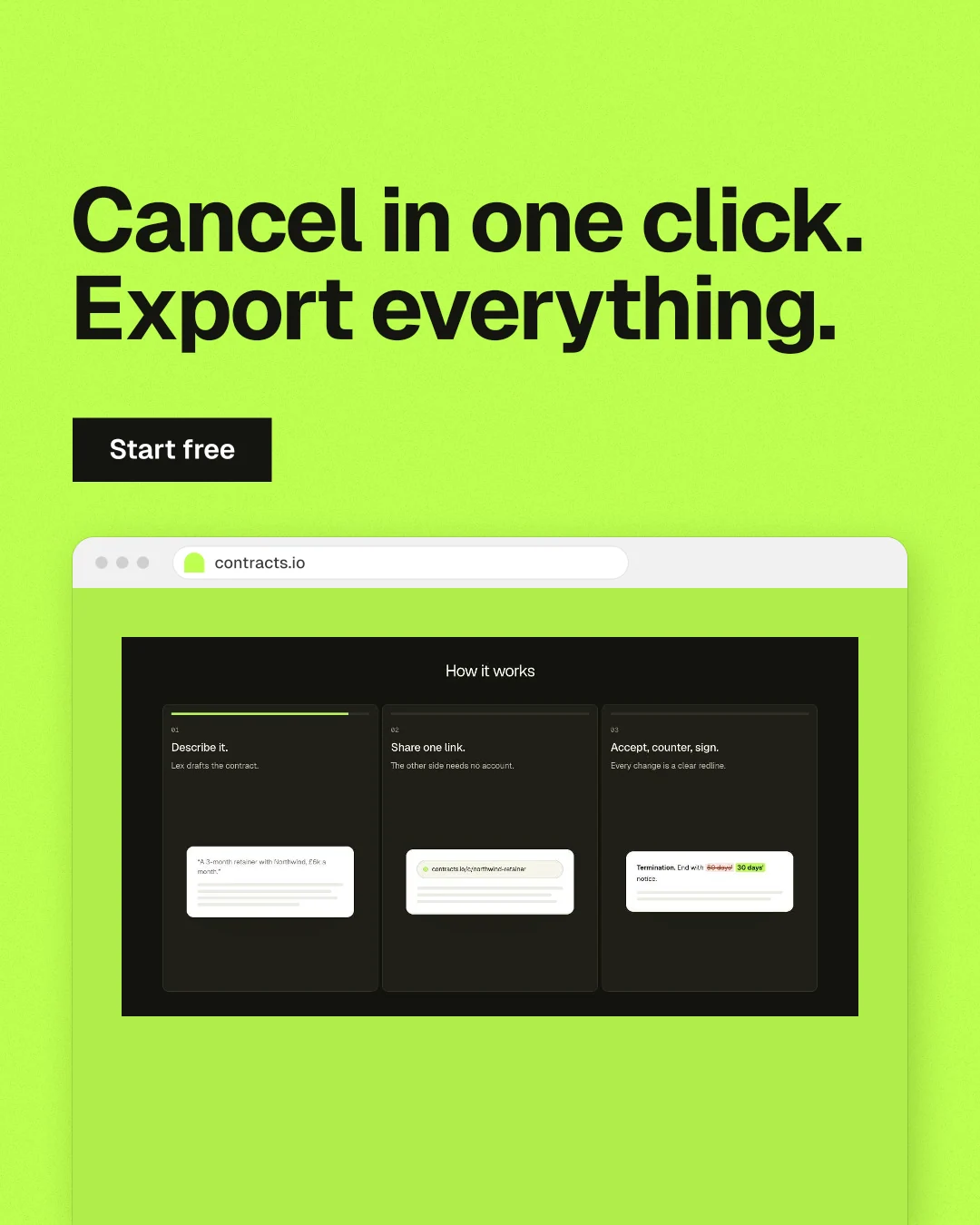 Instagram portrait post for contracts.io: "Cancel in one click. Export everything." Swiss style, browser layout, light palette in green.