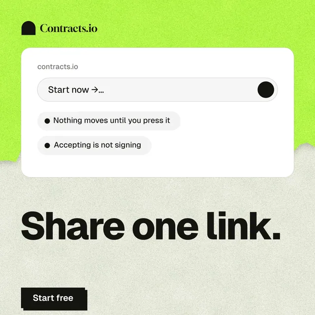 Instagram post for contracts.io: "Share one link." Paper trio style, bottom layout, light palette in white, green, yellow.