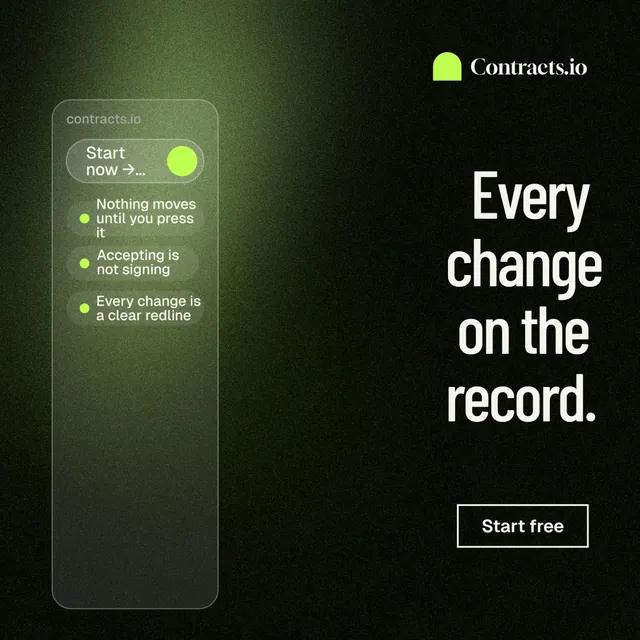 Instagram post for contracts.io: "Every change on the record." Dark deco style, right layout, dark palette in black, green, grey.