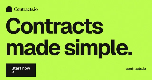 Social ad for contracts.io: "Contracts made simple." Swiss style, poster layout, light palette in green.