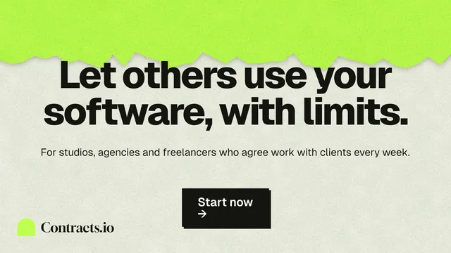 Landscape graphic for contracts.io: "Let others use your software, with limits." Paper trio style, centred layout, light palette in green, grey.