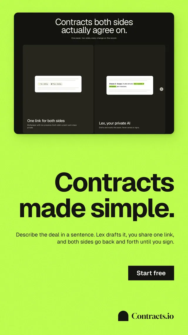 Instagram story for contracts.io: "Contracts made simple." Swiss style, right layout, light palette in green, black.
