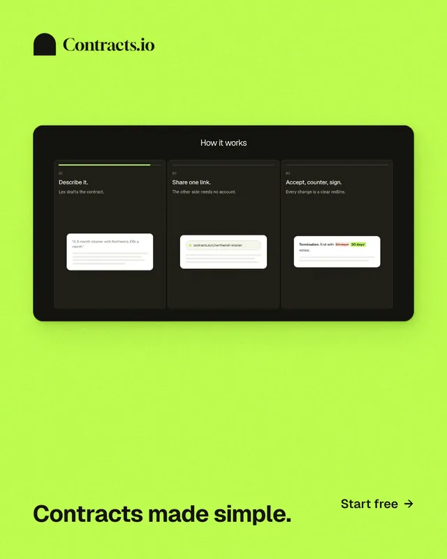 Instagram portrait post for contracts.io: "Contracts made simple." Swiss style, image led layout, light palette in green.