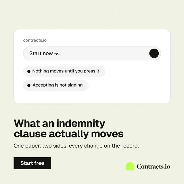Instagram post for contracts.io: "What an indemnity clause actually moves". Swiss style, bottom layout, light palette in white, grey.