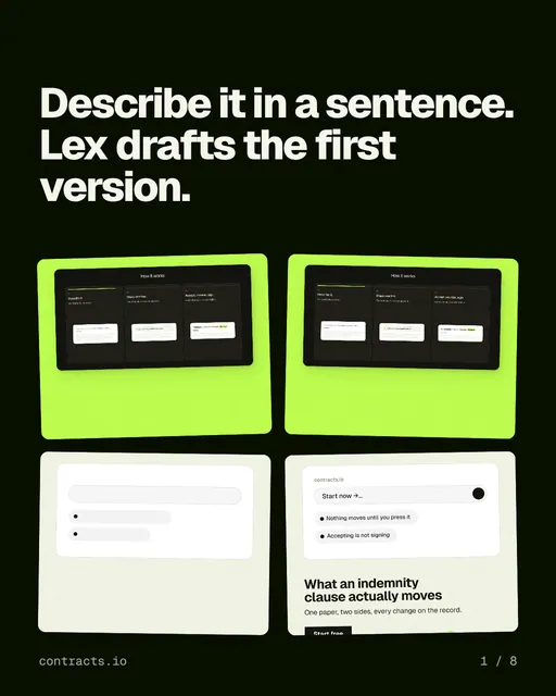 Carousel for contracts.io: "Describe it in a sentence. Lex drafts the first version.". Collection carousel, 8 slides, dark palette.