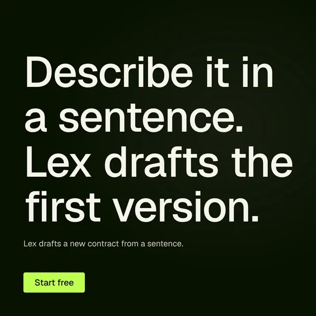 Video for contracts.io: "Describe it in a sentence. Lex drafts the first version.". Doc motion loop, 7.0 s, dark palette.