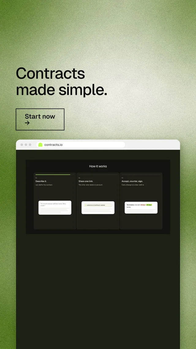 Instagram story for contracts.io: "Contracts made simple." Cyanotype style, browser layout, light palette in black, green.