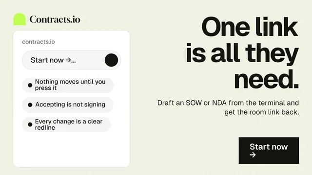 Landscape graphic for contracts.io: "One link is all they need." Swiss style, right layout, light palette in white, grey.