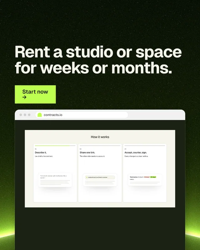 Instagram portrait post for contracts.io: "Rent a studio or space for weeks or months." Swiss style, browser layout, dark palette in black, white, green.