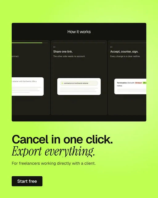 Video for contracts.io: "Cancel in one click. Export everything.". Doc motion loop, 8.0 s, light palette.