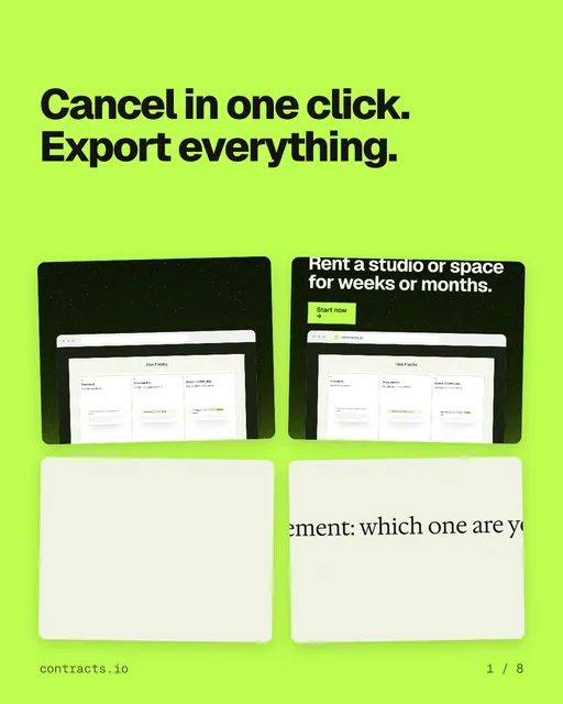 Carousel for contracts.io: "Cancel in one click. Export everything.". Collection carousel, 8 slides, light palette.
