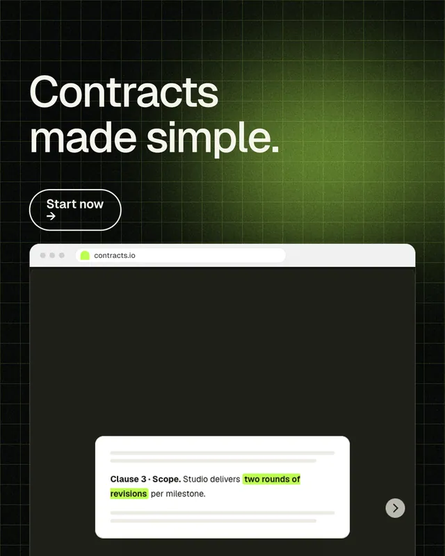 Instagram portrait post for contracts.io: "Contracts made simple." Phosphor atlas style, browser layout, dark palette in black, green, white.